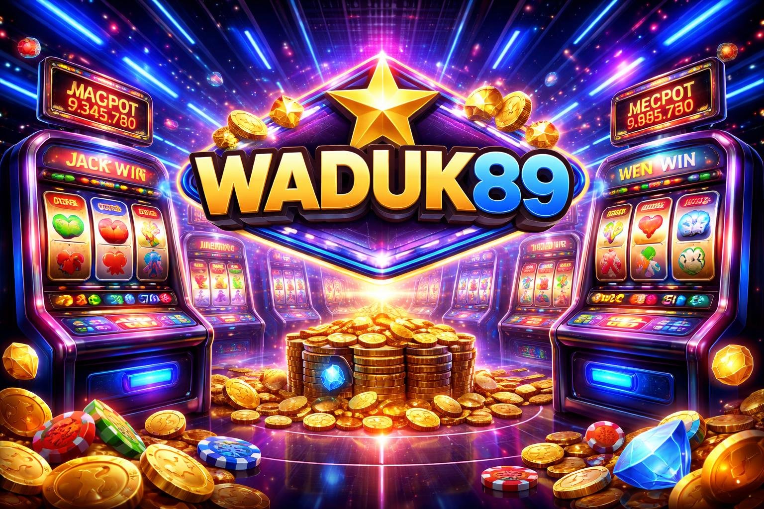 Suasana ruang permainan slot online dengan mesin slot berwarna-warni dan layar digital menampilkan jumlah jackpot.