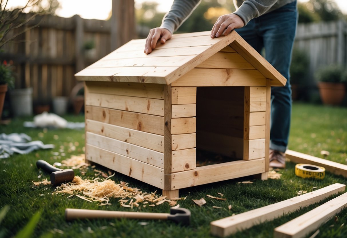 A backyard scene showing a partially built wooden dog house with tools and hands of a person working on it.