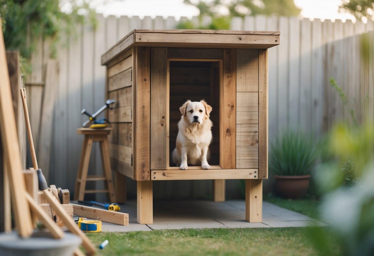 A reclaimed wood modern dog kennel in a backyard with hands holding woodworking tools nearby.