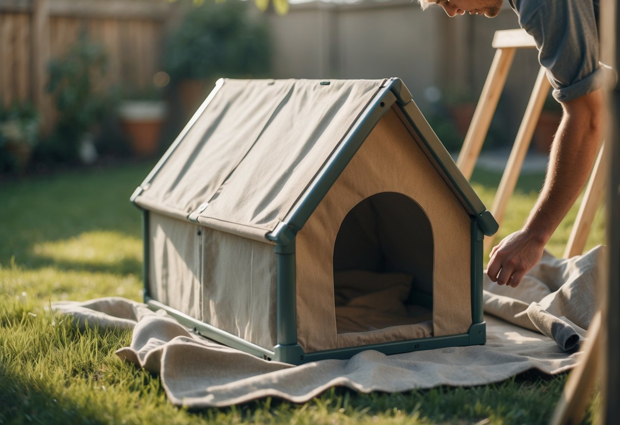 A partially folded portable dog house in a backyard with hands and tools nearby, showing a casual DIY project in progress.