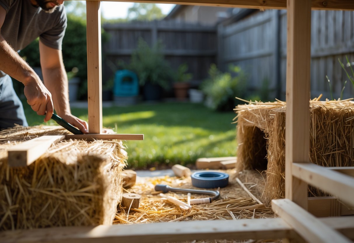A backyard scene showing a partially built straw bale insulated dog house with hands working on it and tools nearby.