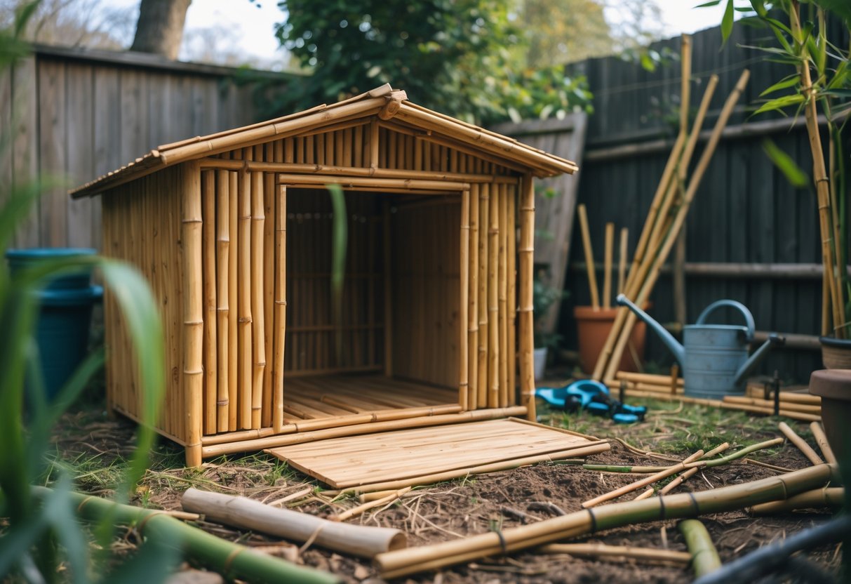 A bamboo dog house in a backyard with hands assembling it and gardening tools nearby.