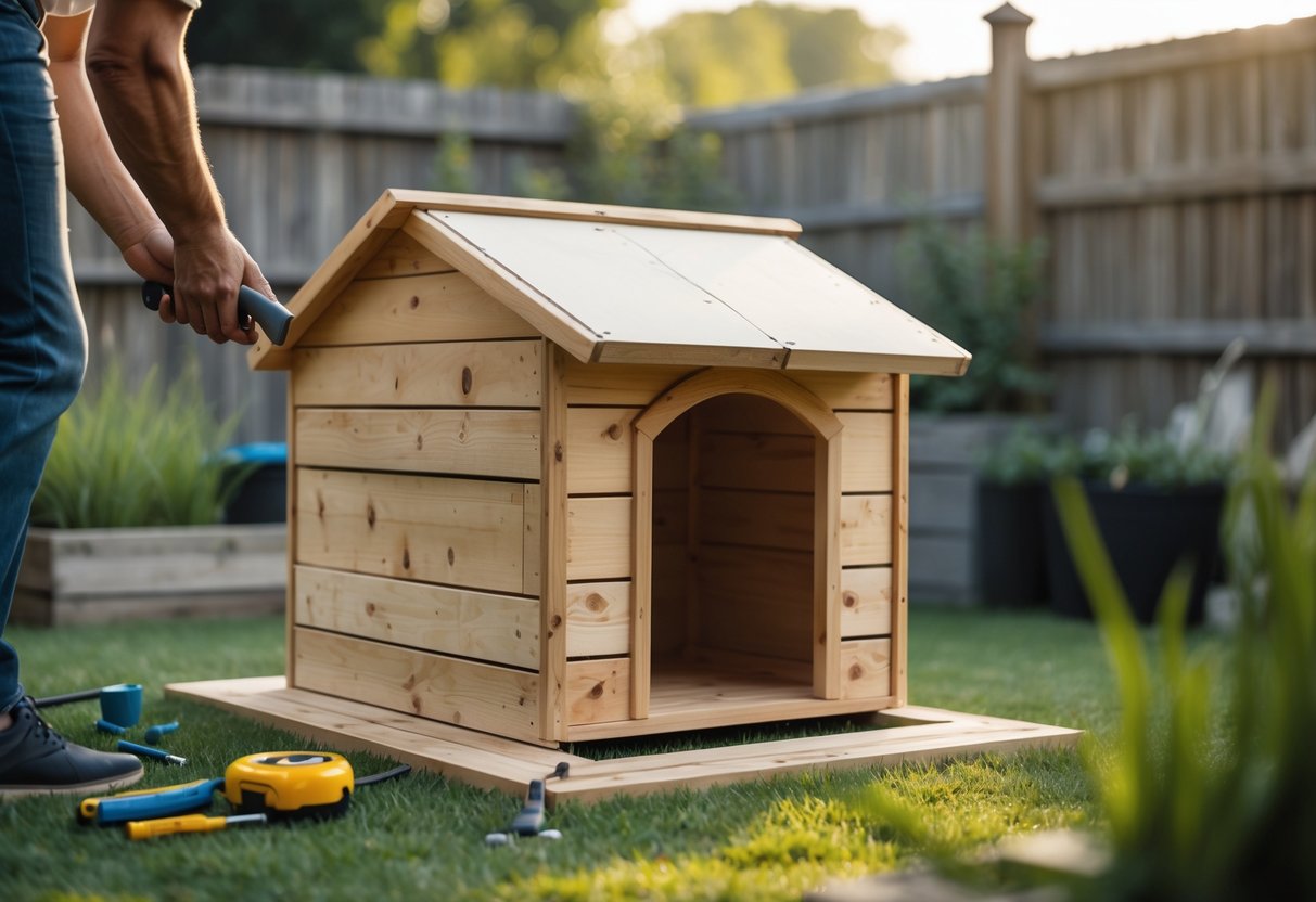 A cozy backyard scene showing a wooden dog house with a removable roof, surrounded by tools and a pair of hands working on it.