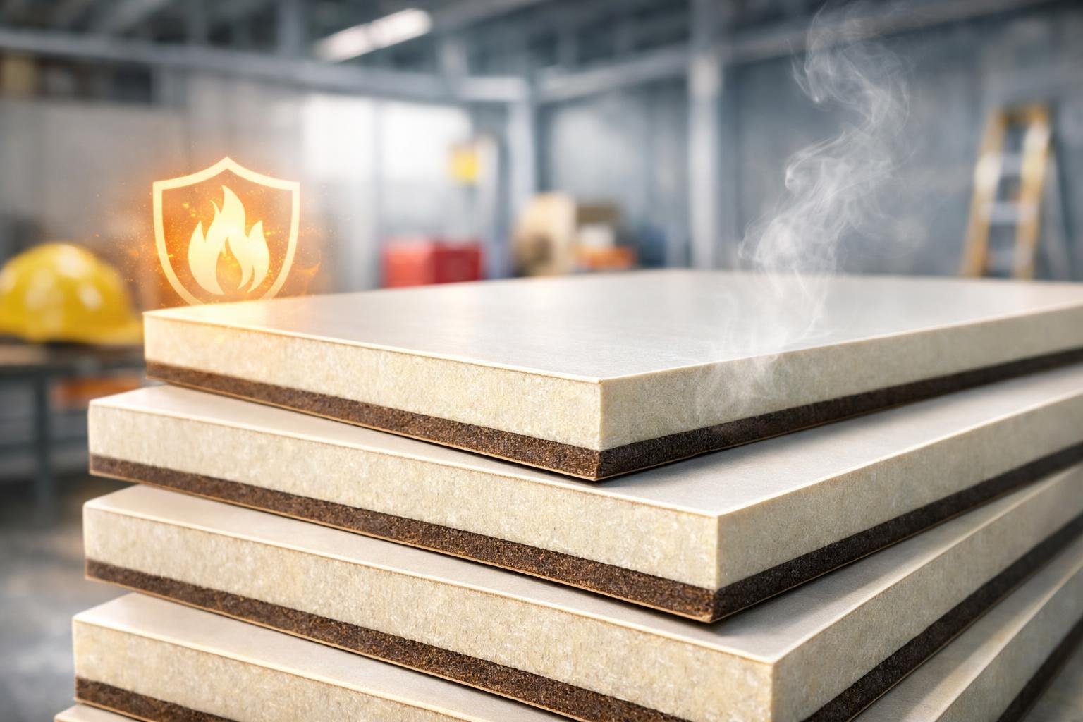 Close-up of stacked phenolic insulation boards in a construction warehouse setting.