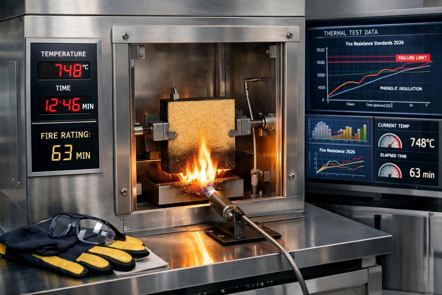 A laboratory scene showing a phenolic insulation board being tested for fire resistance with scientific instruments and digital displays in the background.