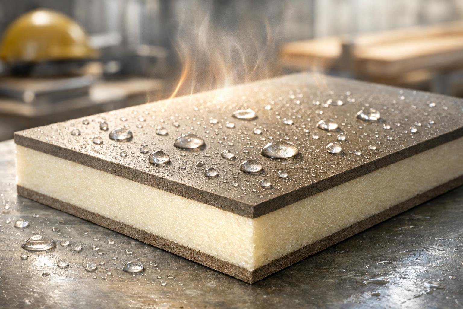 Close-up of a phenolic insulation board panel with water droplets on its surface in a construction setting.