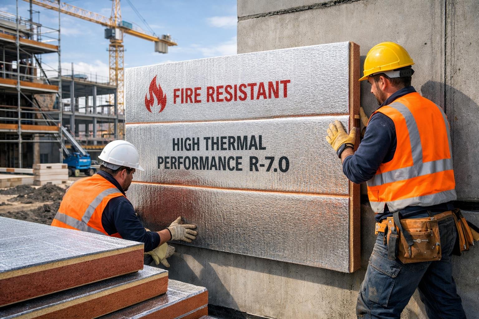 Construction workers installing phenolic insulation boards on a building at an industrial construction site.