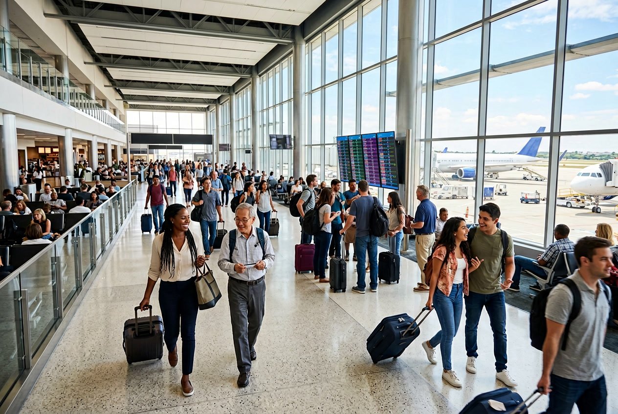 Travelers with luggage at a busy airport terminal with airplanes visible outside large windows.