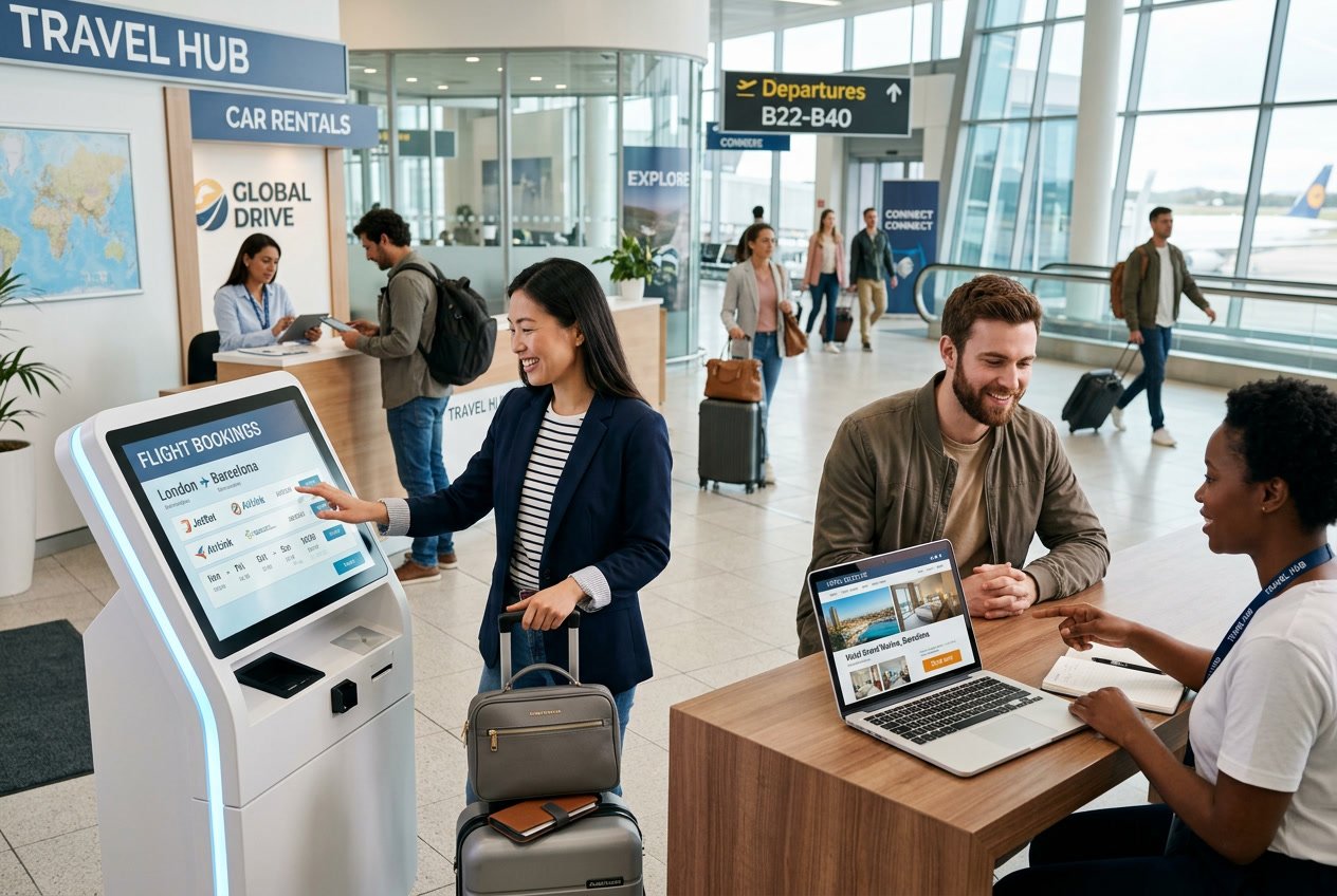 People using digital devices and interacting with travel agents to book flights, hotels, and transportation in an airport lounge.