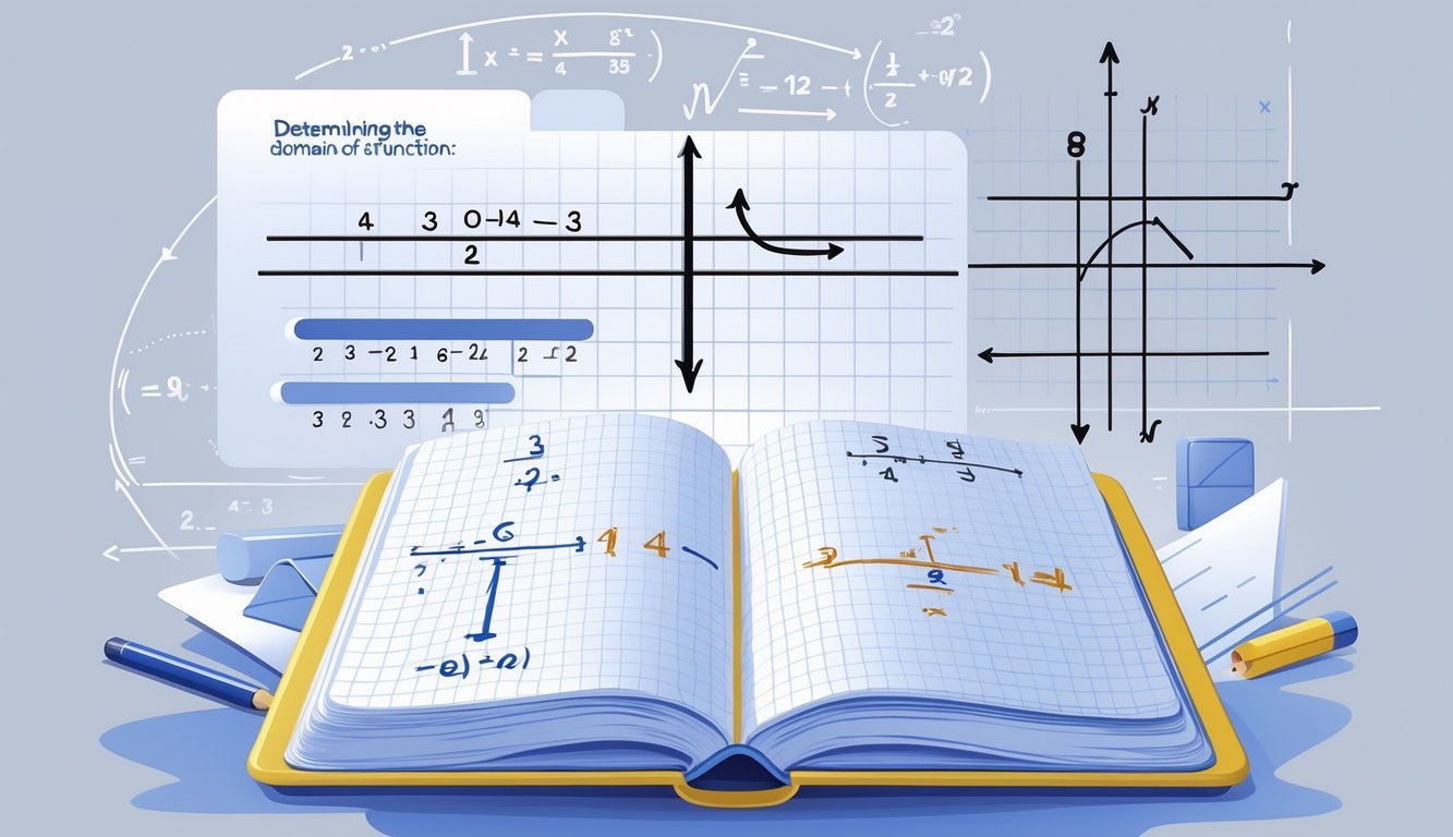 Radni stol s otvorenom bilježnicom koja prikazuje matematičke izraze povezane s funkcijama, okružen simbolima razlomaka, korijena i logaritama.
