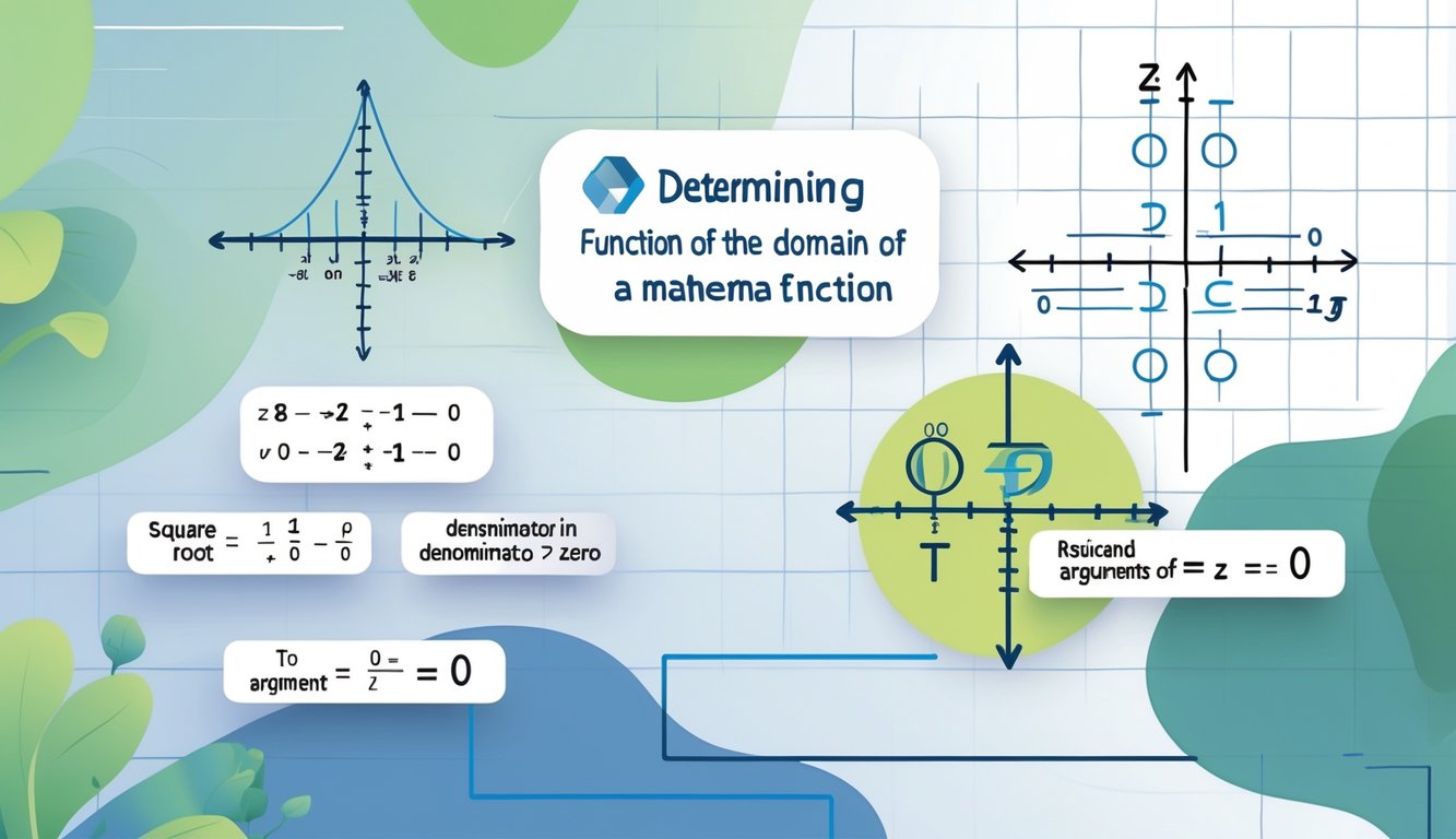 Ilustracija koja prikazuje različite matematičke funkcije i pravila za određivanje njihovih domena, uključujući razlomke, korijene i logaritme.