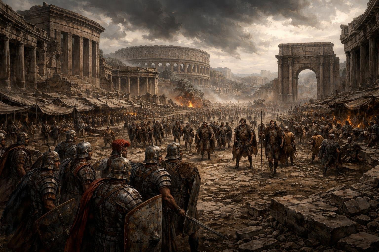 Prikaz rimskog grada u raspadu s rimskim vojnicima i barbarskim ratnicima koji prilaze gradskim vratima, simbolizirajući pad Zapadnog Rimskog Carstva.
