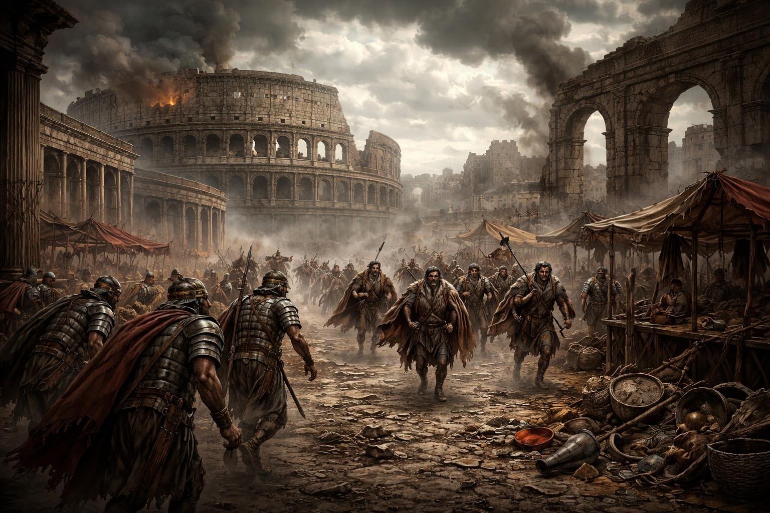 Prikaz propadanja Zapadnog Rimskog Carstva s ruševinama rimskih građevina, povlačećim rimskim vojnicima i približavajućim se barbarskim ratnicima.