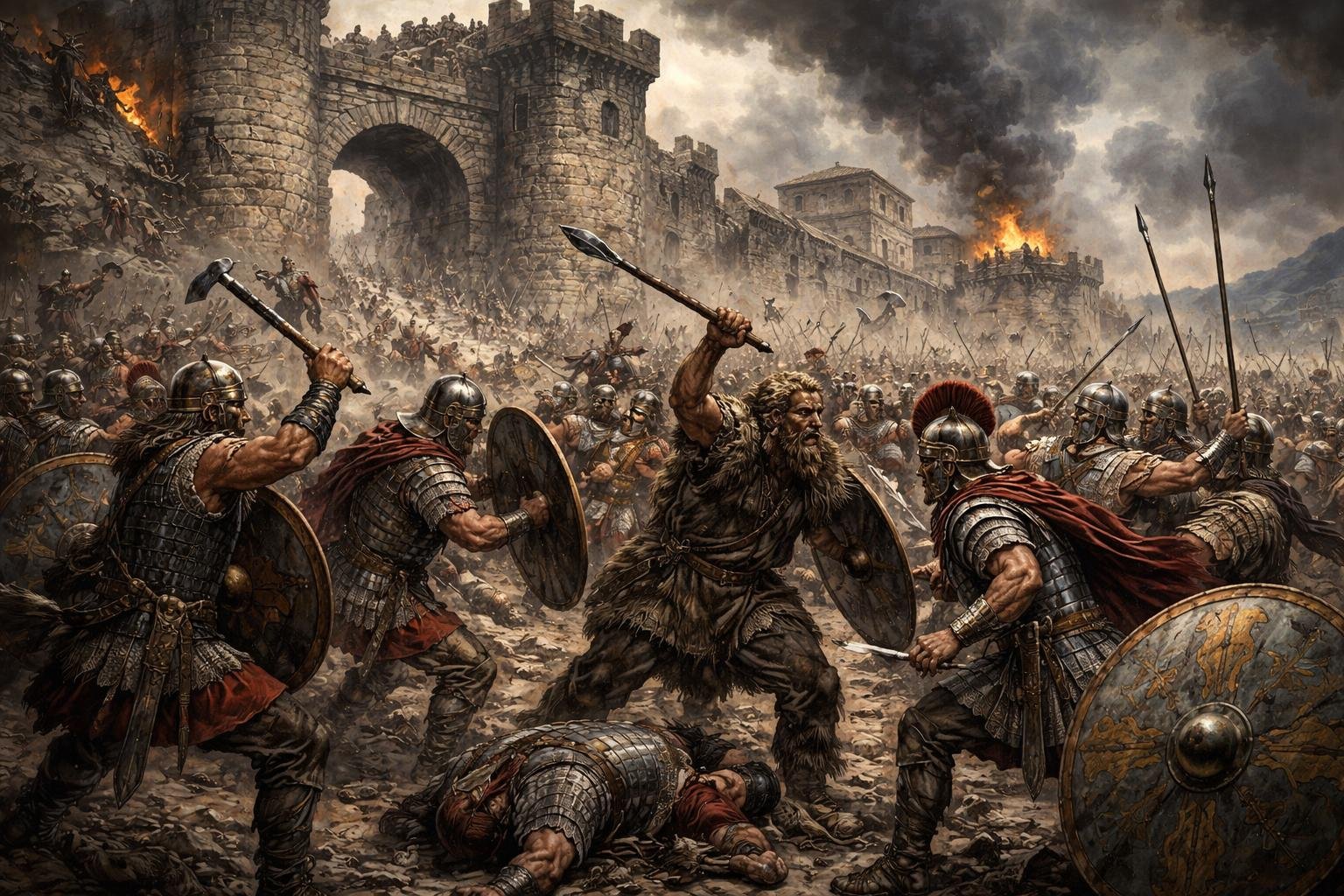 Bitka između rimskih vojnika i barbarskih ratnika kraj ruševina rimskog grada pod tamnim i olujnim nebom.