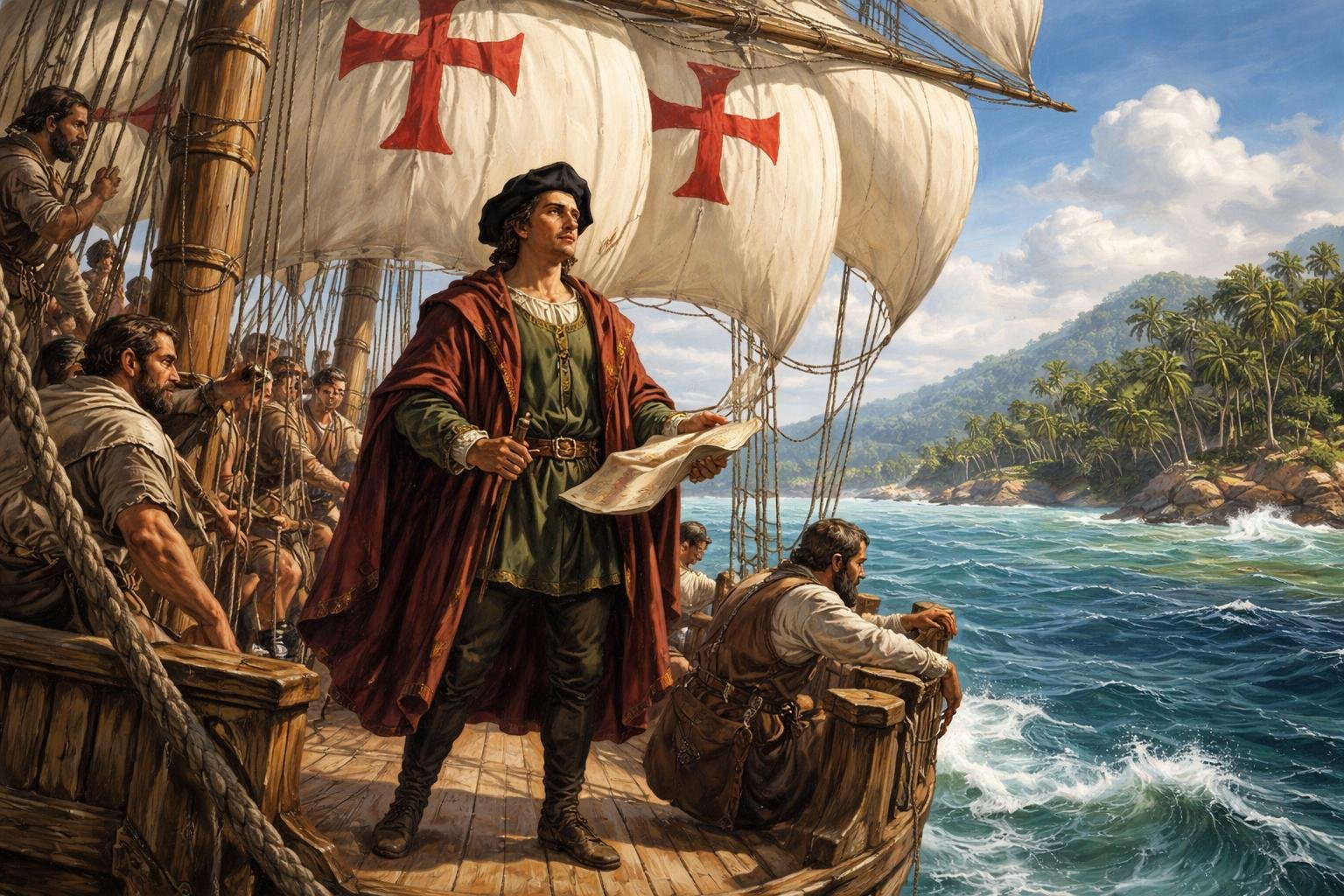 Kristofor Kolumbo stoji na palubi broda dok pristaju prema zelenoj obali s palmama pod plavim nebom.