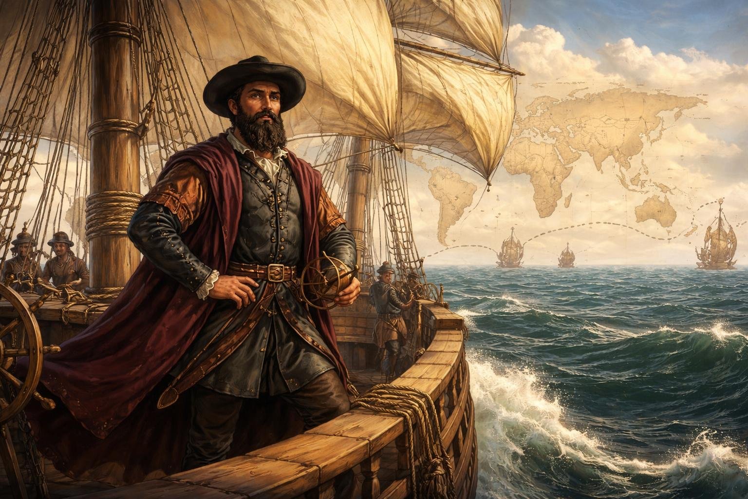 Ferdinand Magellan stoji na palubi drvenog jedrenjaka dok brod plovi oceanom, s prikazom rute njegovog prvog oplovljavanja svijeta u pozadini.