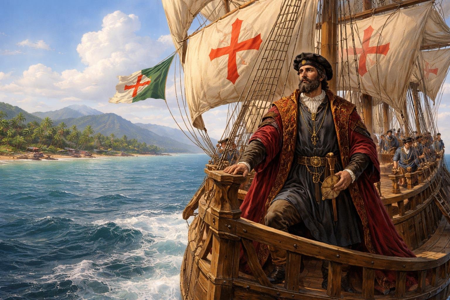 Vasco da Gama stoji na palubi broda dok plovi prema obali Indije u mirnom oceanu.