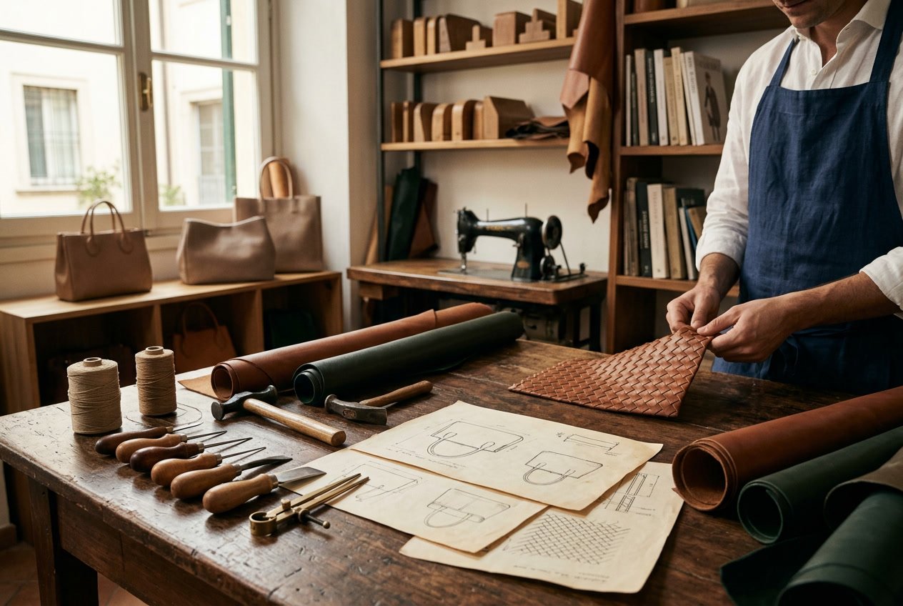 Ruang kerja dengan alat kerajinan kulit, gulungan kulit, dan sketsa tas mewah di atas meja kayu, dengan mesin jahit klasik dan rak berisi barang kulit di latar belakang.