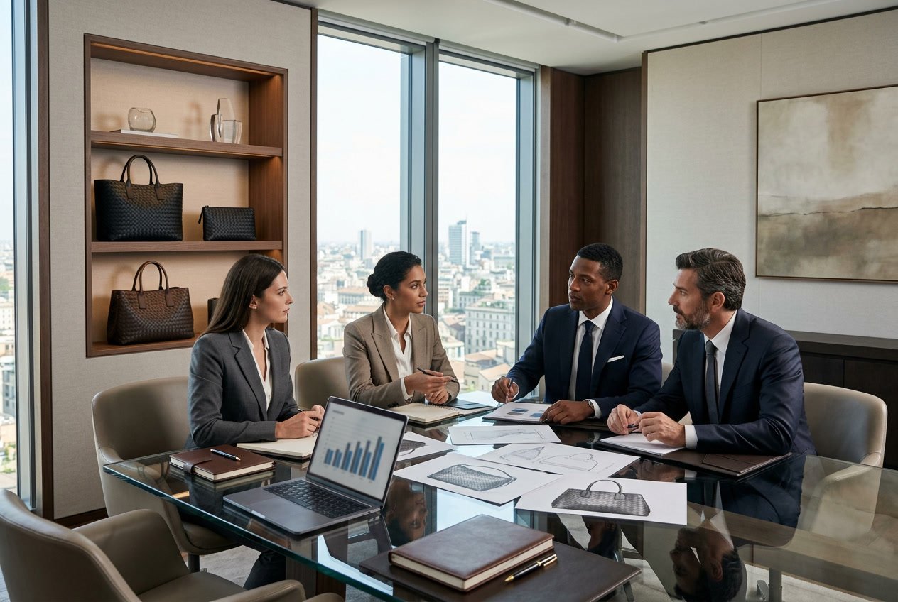 Sekelompok profesional bisnis berdiskusi di ruang kantor modern dengan tas dan aksesori mewah di latar belakang.
