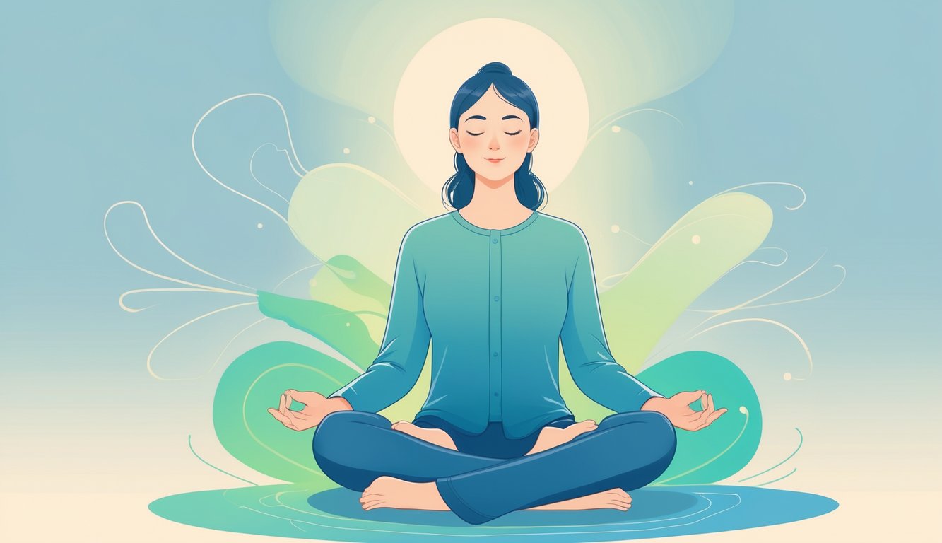 Osoba mirno sjedi prekriženih nogu u spokojnom okruženju, meditira i kontrolira emocije.