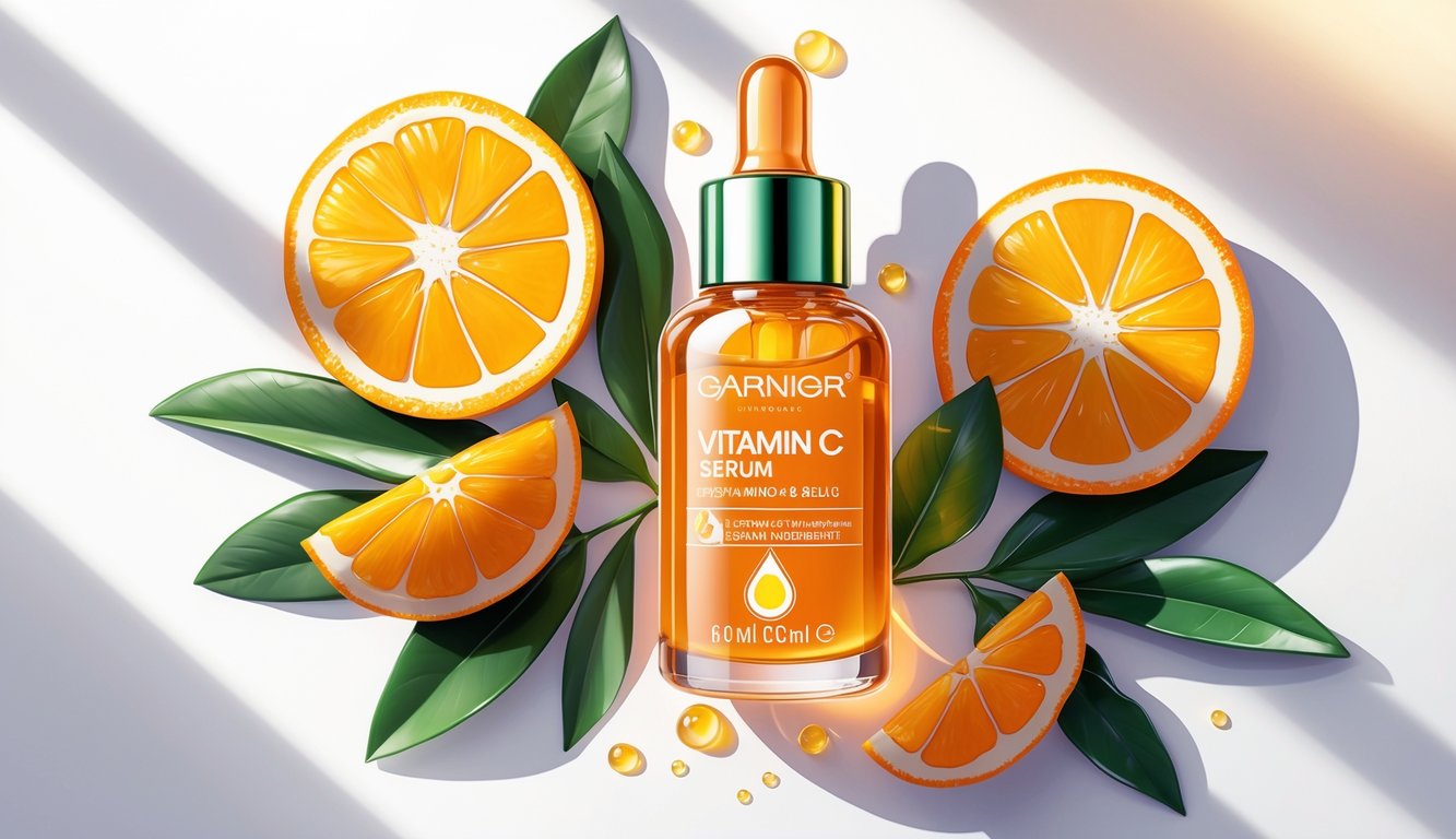 Bočica seruma Garnier Vitamin C okružena narezanim narančama i zelenim lišćem na bijeloj podlozi.