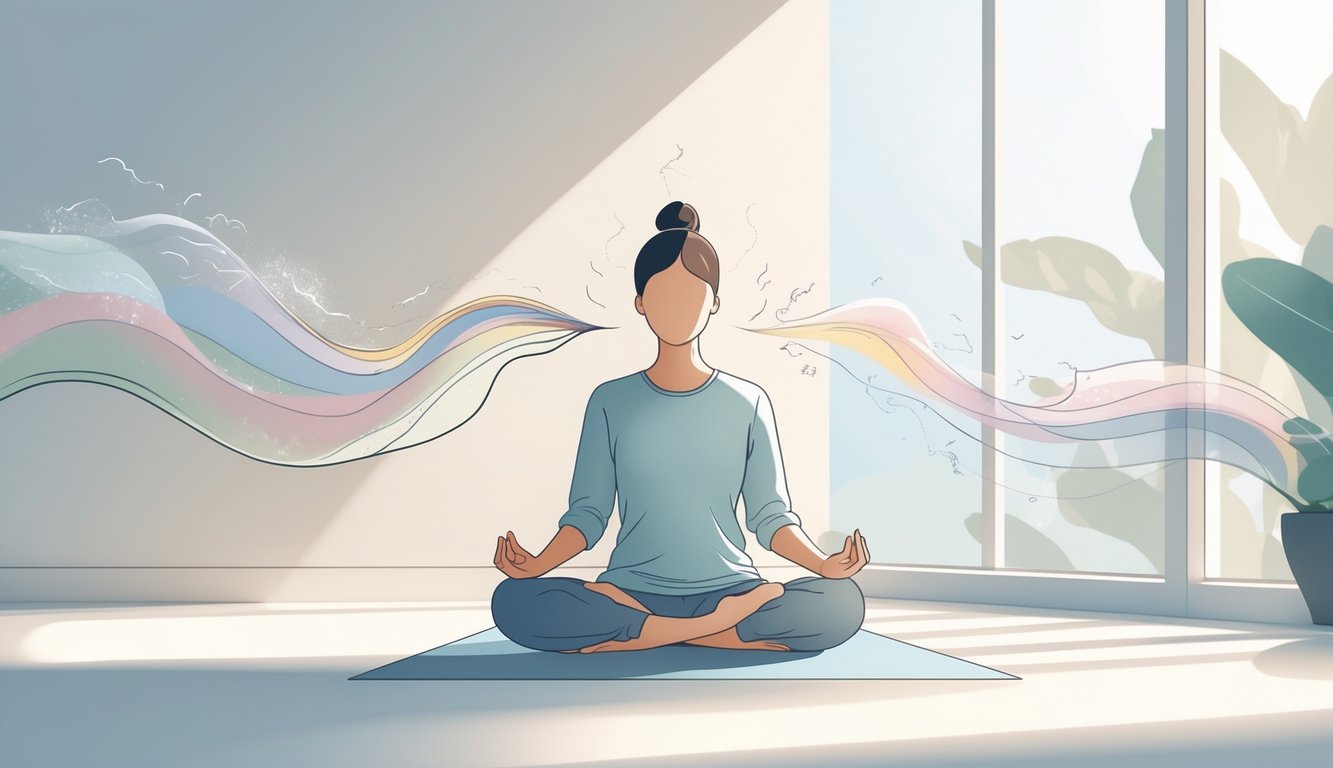 Osoba mirno sjedi i meditira u svijetloj sobi, okružena apstraktnim oblicima koji simboliziraju kontrolu emocija.