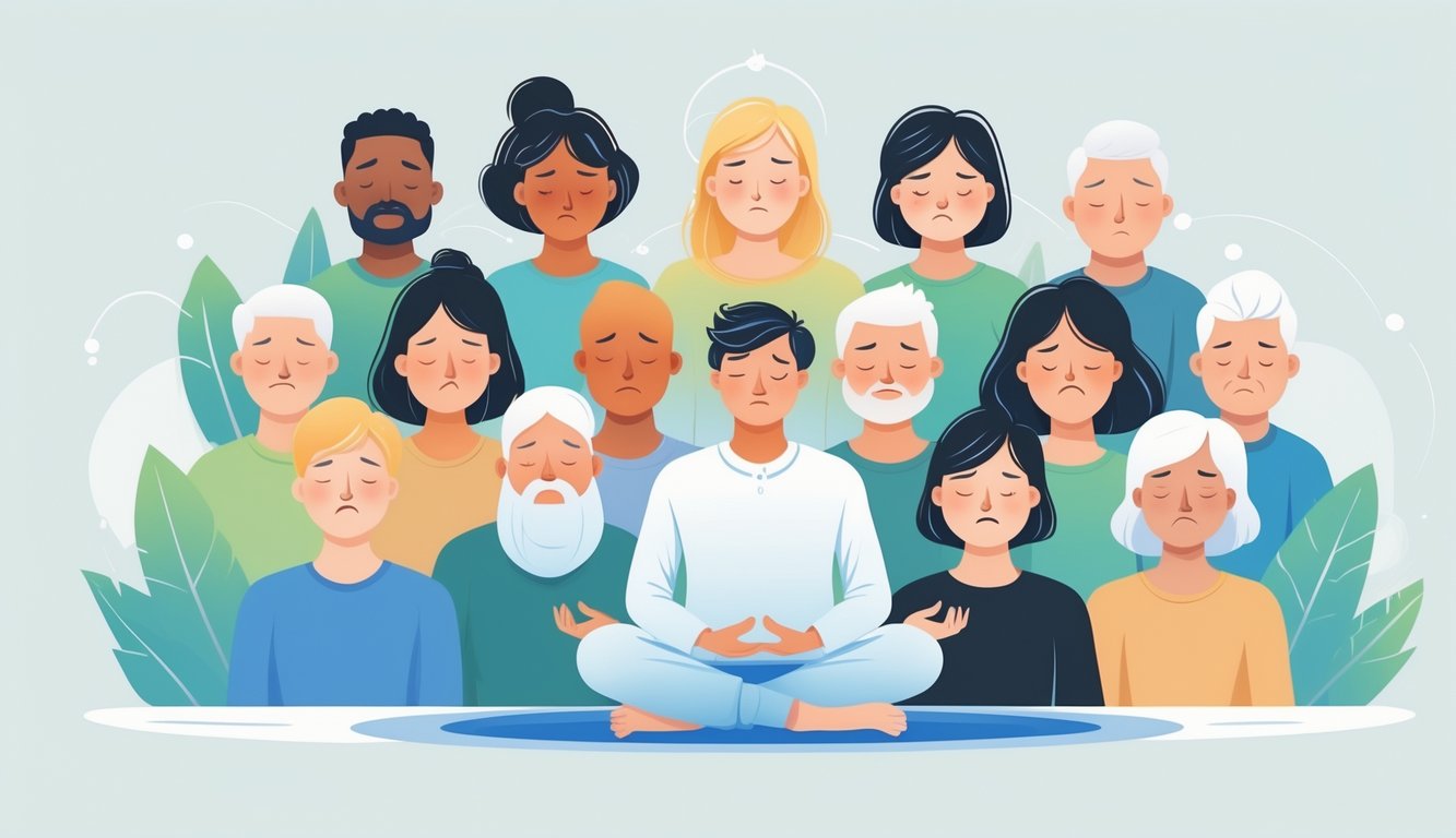 Grupa ljudi s različitim izrazima lica koji prikazuju različite emocije, dok jedna osoba u sredini mirno meditira.