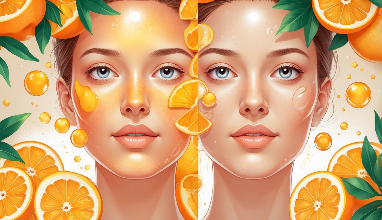 Ilustracija prikazuje lice podijeljeno na dvije strane, jedna sa zdravom i blistavom kožom okružena narančama, a druga sa suptilnim nepravilnostima kože.