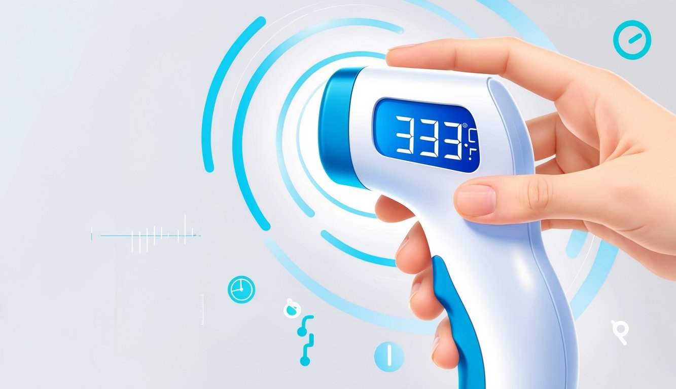 Digitalni toplomjer u upotrebi, drži se blizu čela osobe radi mjerenja temperature.