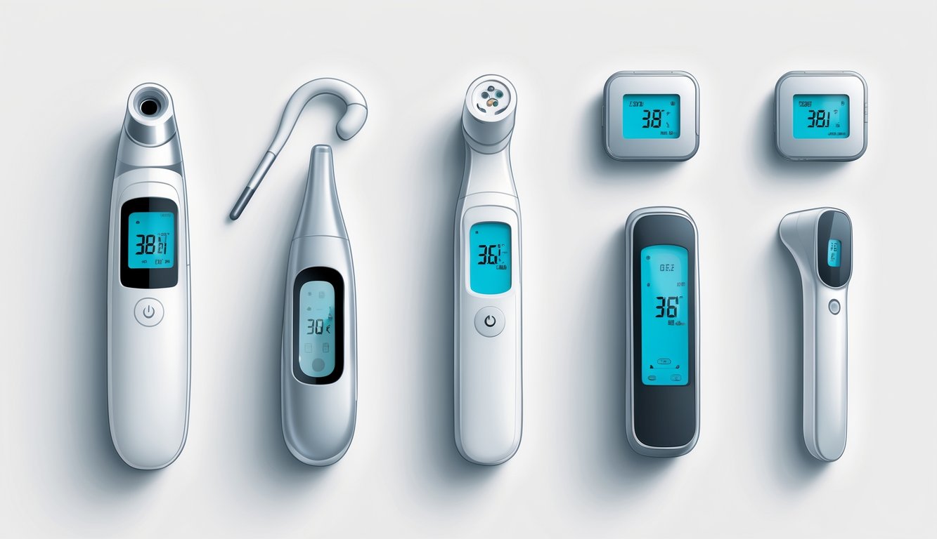 Različite vrste digitalnih toplomjera složene na bijeloj podlozi.