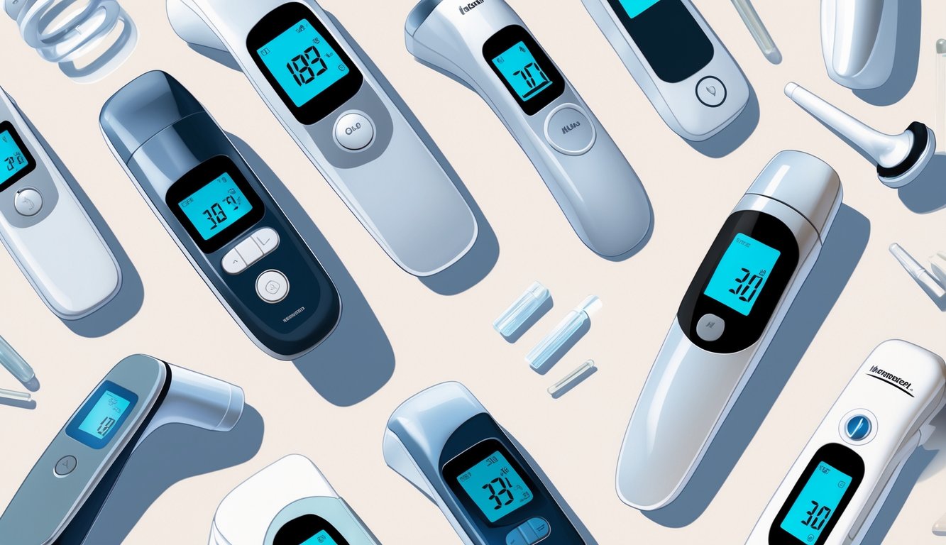 Različiti modeli digitalnih toplomjera prikazani na neutralnoj pozadini.