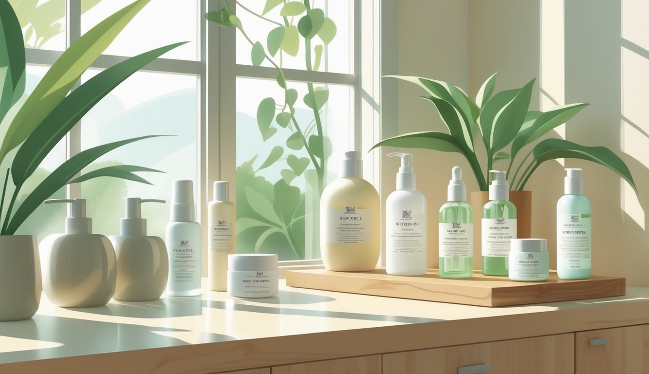 Moderna kupaonica s prirodnim svjetlom, drvenim pultom, staklenim bocama s proizvodima za njegu kože i zelenim biljkama.