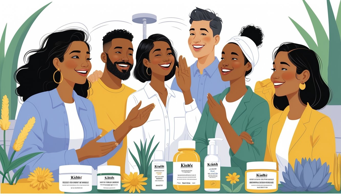 Grupa ljudi različite dobi i etničke pripadnosti razgovara i dijeli svoja pozitivna iskustva s Kiehl's proizvodima za njegu kože.