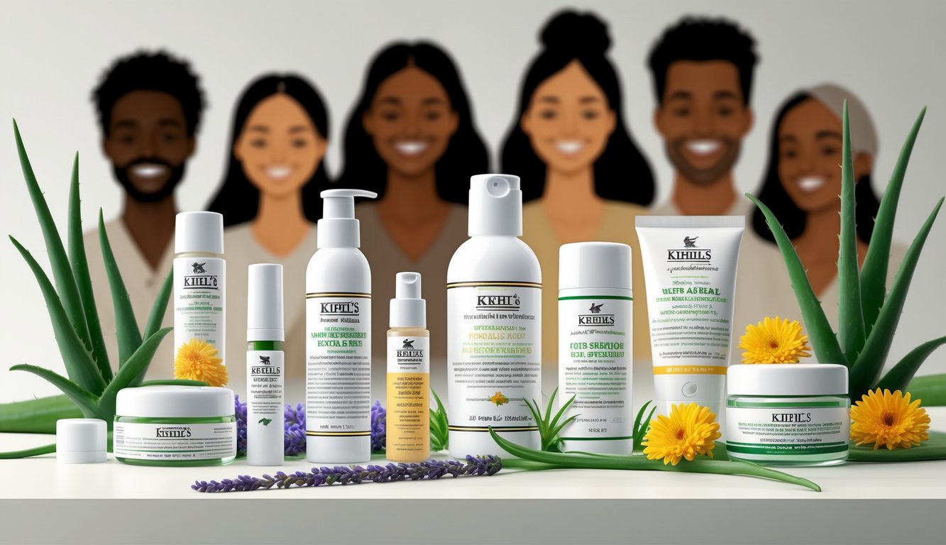 Prikaz raznih Kiehl's proizvoda za njegu kože na stolu okružen prirodnim biljkama i siluetama zadovoljnih korisnika u pozadini.