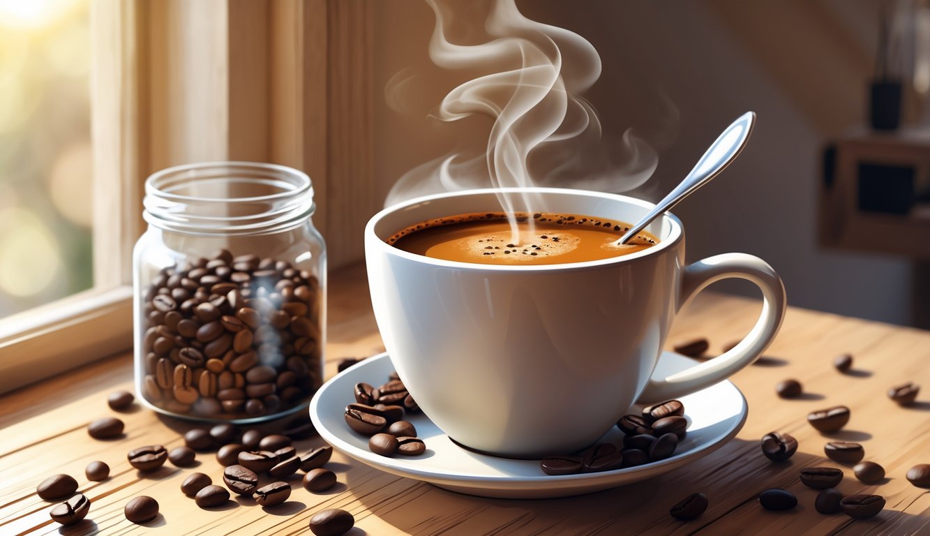 Šalica vruće instant kave na drvenom stolu uz otvoreni staklenku instant kave i žlicu, s raspršenim kavnim zrncima oko njih.