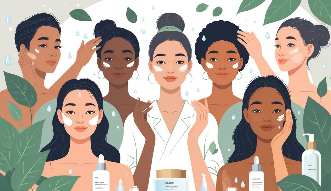 Skupina ljudi s različitim tipovima kože kako koriste proizvode za njegu kože u ugodnom okruženju.