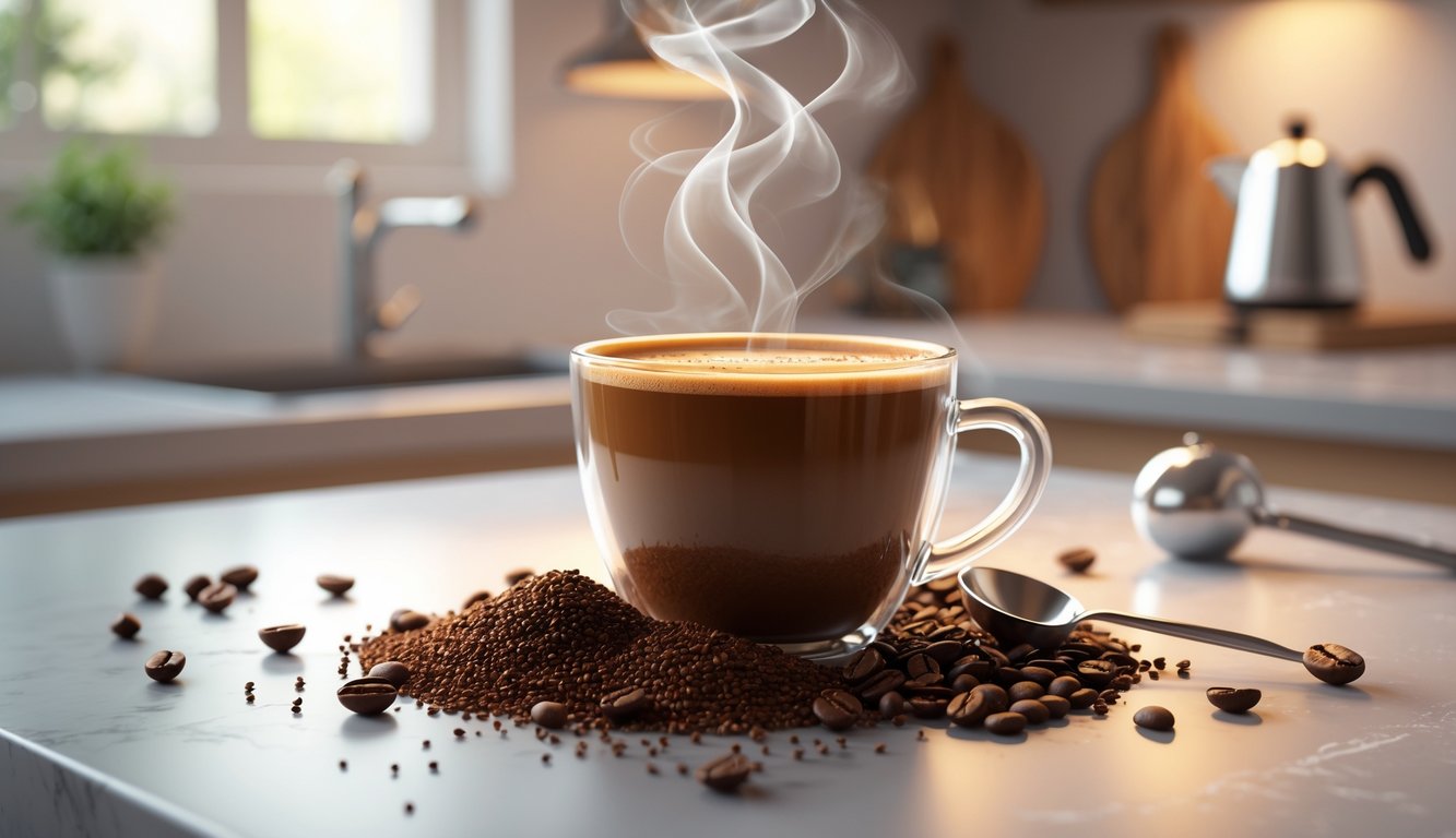 Šalica vruće instant kave na kuhinjskom pultu s žlicom i zrncima kave oko nje.