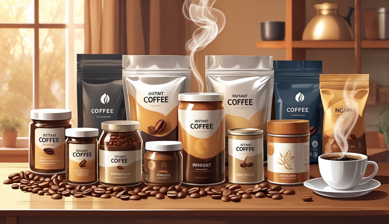 Prikaz različitih vrsta instant kave u pakiranjima na drvenom stolu s šalicom kave i zrncima kave oko njih.