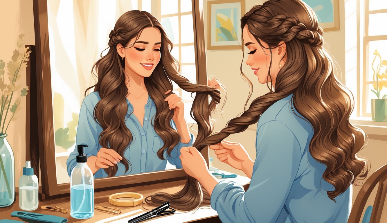 Žena pokazuje kako napraviti valove na kosi bez pegle, koristeći pletenice i ukosnice u svijetloj sobi.