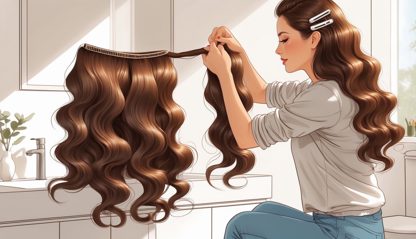 Žena pravi valove u kosi bez upotrebe pegle, koristeći ruke i ukosnice u sobi s prirodnim svjetlom.