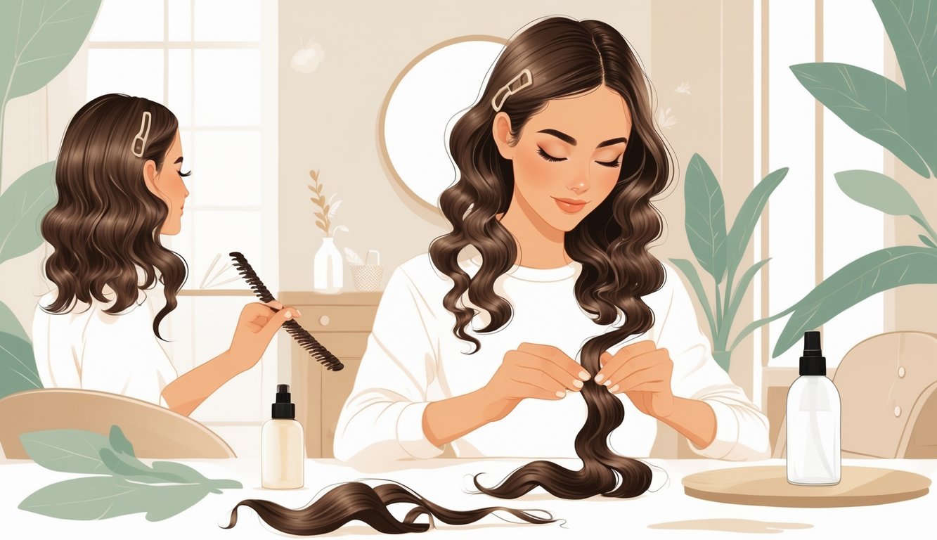 Žena priprema kosu za valove bez upotrebe toplinskih uređaja, nježno uvijajući pramenove u mirnom unutarnjem prostoru.