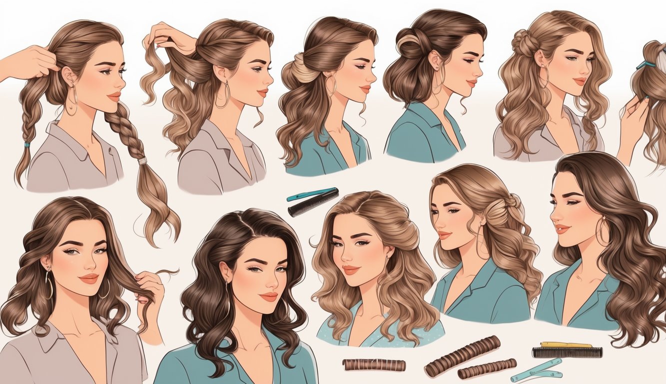 Žene pokazuju različite metode za stvaranje valova u kosi bez upotrebe pegle, koristeći pletenice, valjke i uvijanje kose.