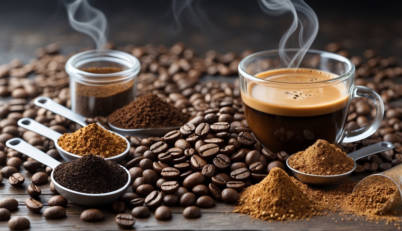 Različite vrste zrna kave i mješavine prikazane na drvenoj površini uz šalicu svježe pripremljene instant kave.
