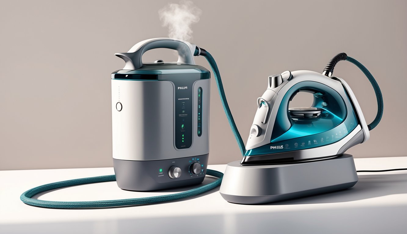 Profesionalna ilustracija moderne parne postaje za glačanje s baznom jedinicom i glačalom povezanim parnom cijevi.