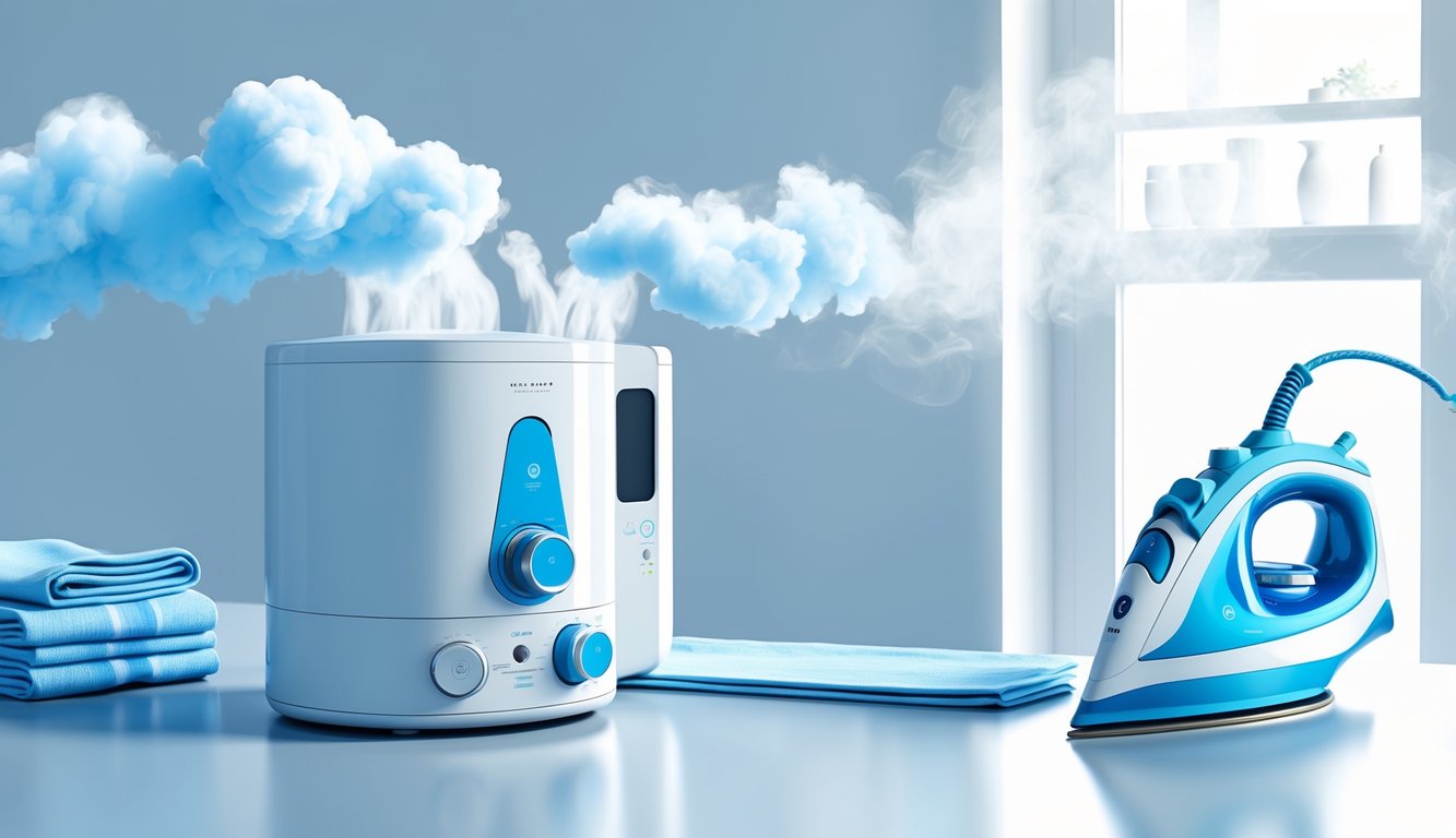 Prikaz parne postaje i obične pegle na površini za glačanje s podignutom parom iz parne postaje.