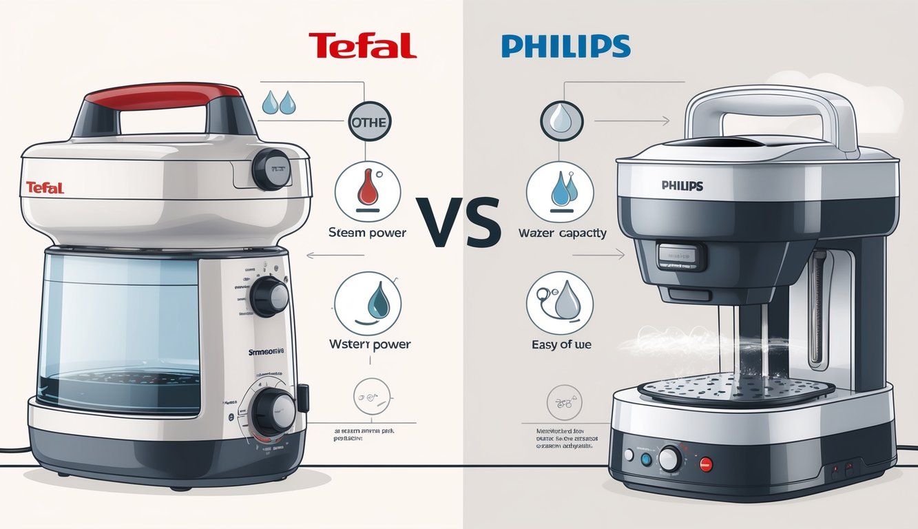 Dva parna postaja, jedan koji predstavlja Tefal, a drugi Philips, prikazani jedan pored drugog s naglaskom na njihove ključne značajke i razlike.