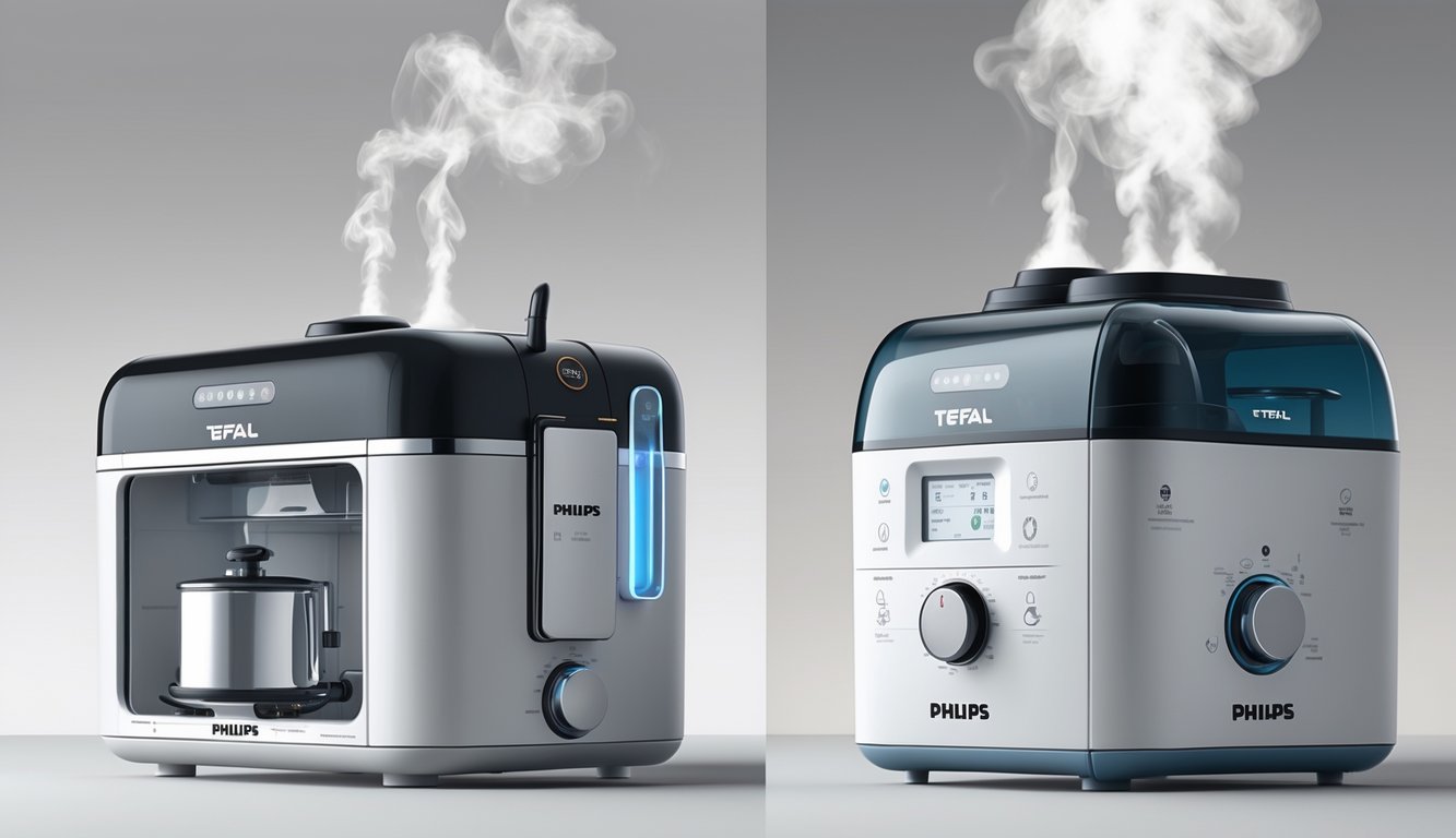 Ilustracija dvije moderne parne postaje, jedna Tefal i jedna Philips, prikazane sa detaljima kao što su spremnik za vodu, mlaznica za paru i kontrolna ploča, uz vidljive oblake pare.