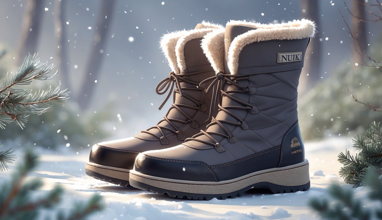 Par Inuikii čizama postavljenih u zimski prirodni okoliš s laganim snježnim pahuljama i zimskim biljem.