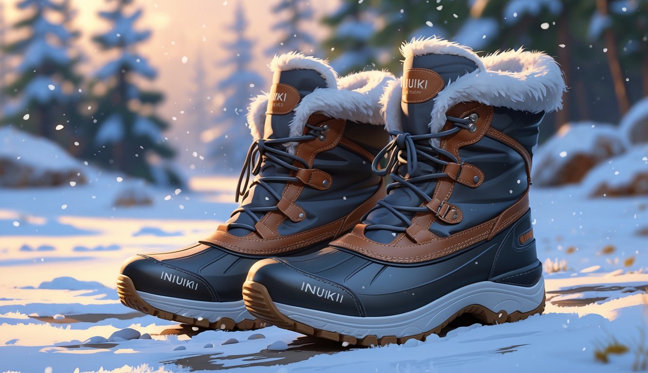 Par Inuikii čizama na snijegu s pahuljama i zimskim drvećem u pozadini.