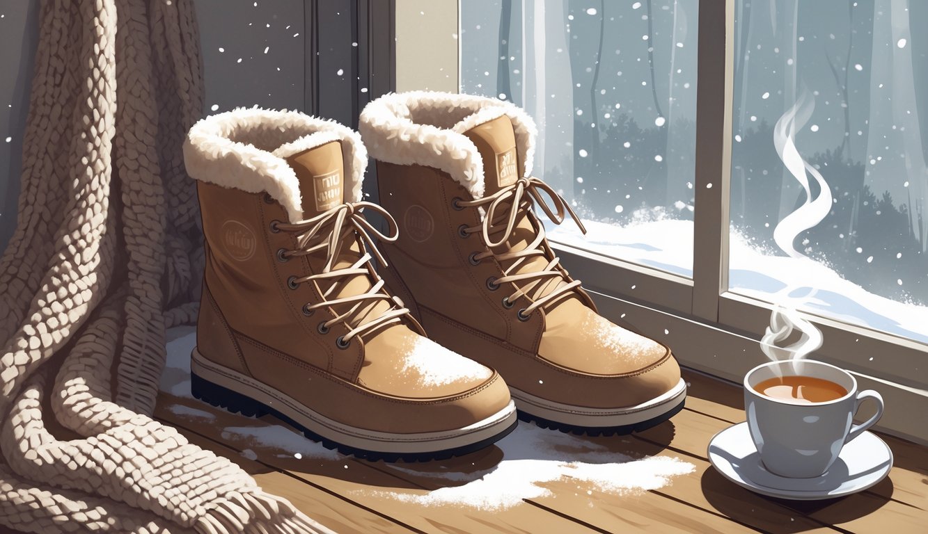 Par toplih zimskih čizama na drvenom podu kraj prozora s padajućim snijegom i šal na stolu.